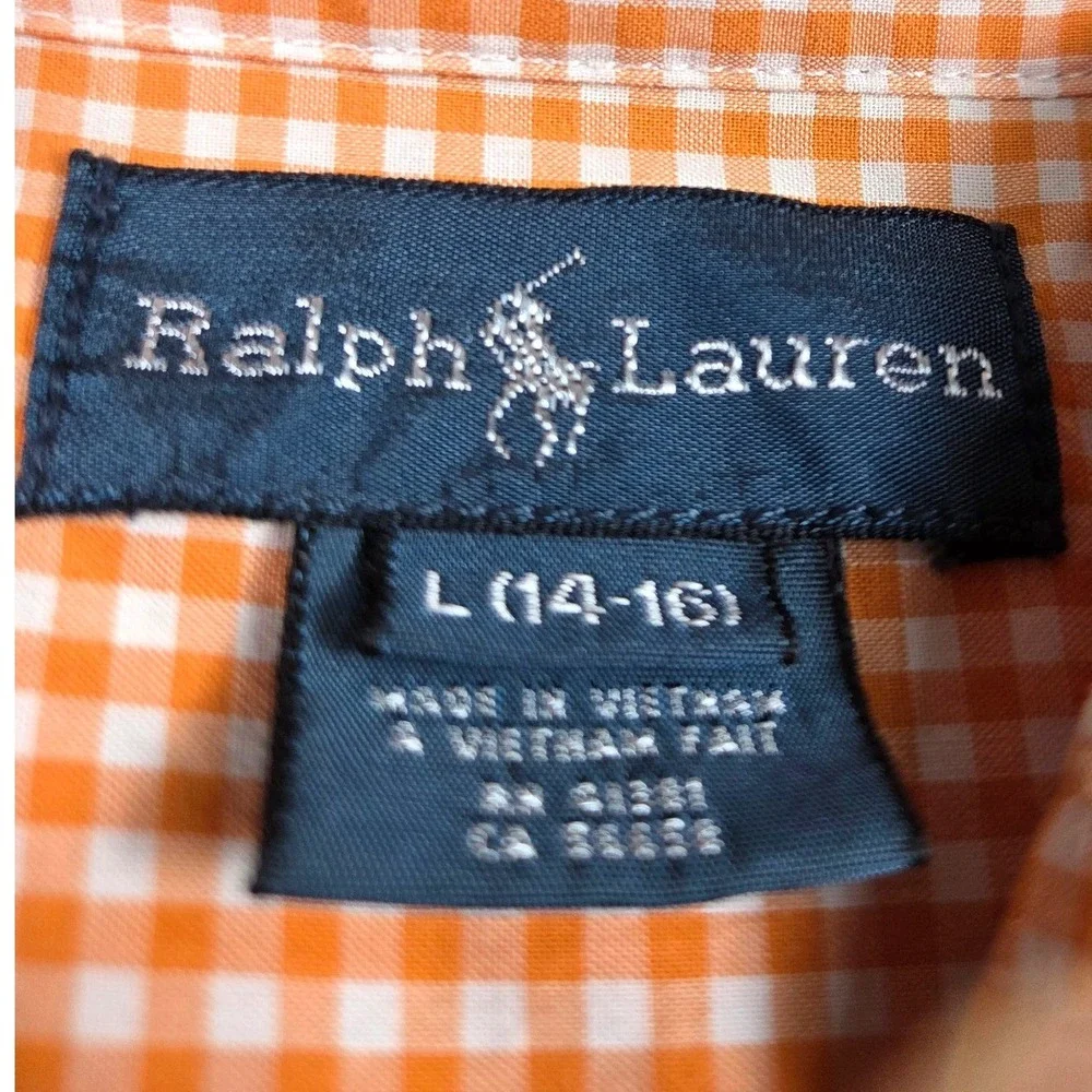 Polo Ralph Lauren Button Down Shirt Mens L Orange Gingham Cotton Pony 0414‎